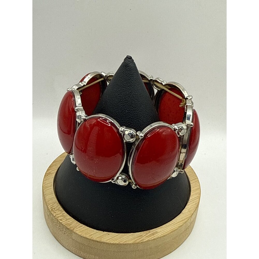 Antique Red Oval Plastic Stone Silver Tone Metal Flex Stretchy Bracelet